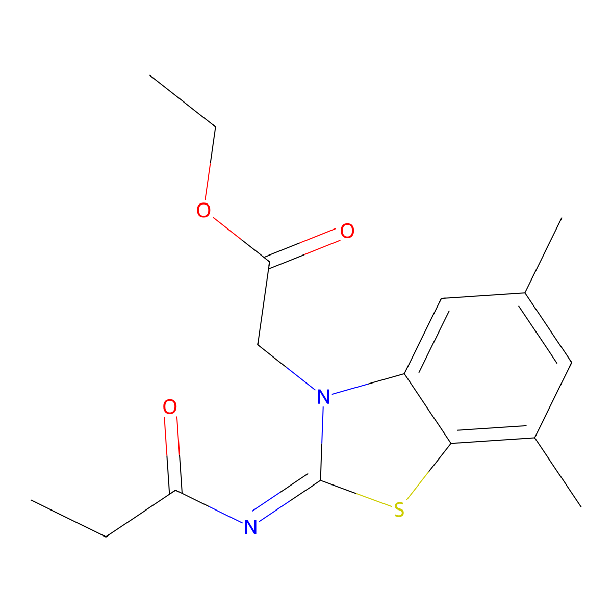 Ethyl 2-(5,7-dimethyl-2-propanoylimino-1,3-benzothiazol-3-yl)acetate molecular structure, CAS 1321722-14-8