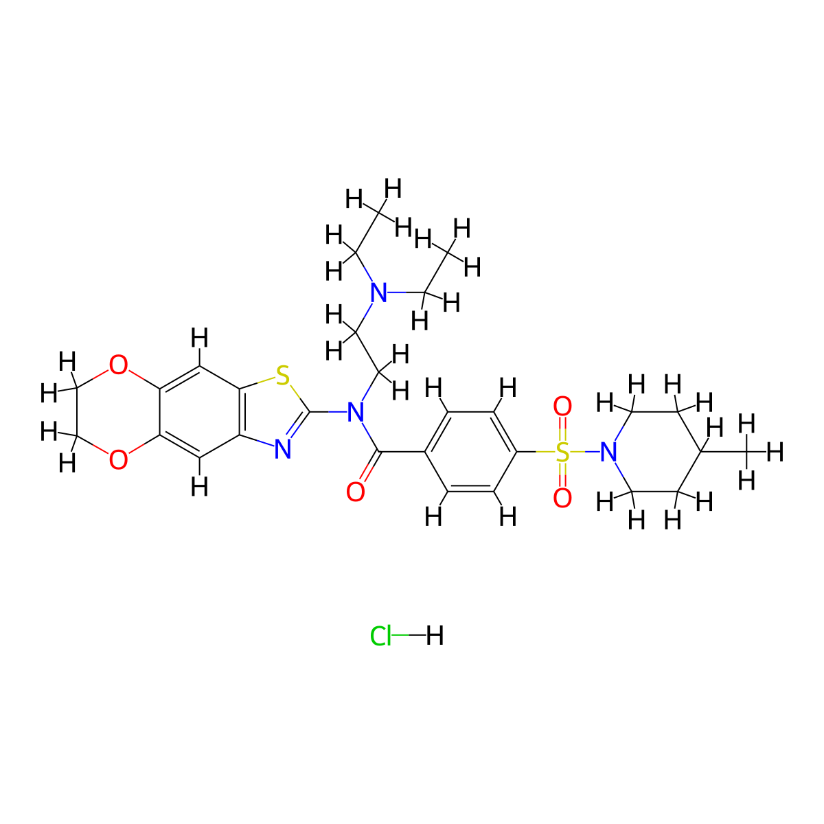 N-(2-(diethylamino)ethyl)-N-(6,7-dihydro-[1,4]dioxino[2',3':4,5]benzo[1,2-d]thiazol-2-yl)-4-((4-methylpiperidin-1-yl)sulfonyl)benzamide hydrochloride molecular structure, CAS 1321722-62-6