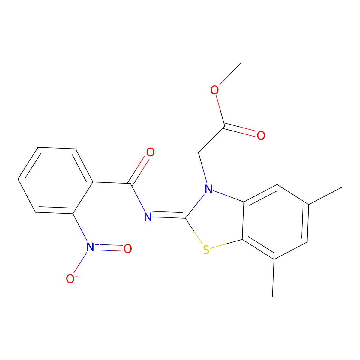 Methyl 2-[5,7-dimethyl-2-(2-nitrobenzoyl)imino-1,3-benzothiazol-3-yl]acetate molecular structure, CAS 1321737-27-2