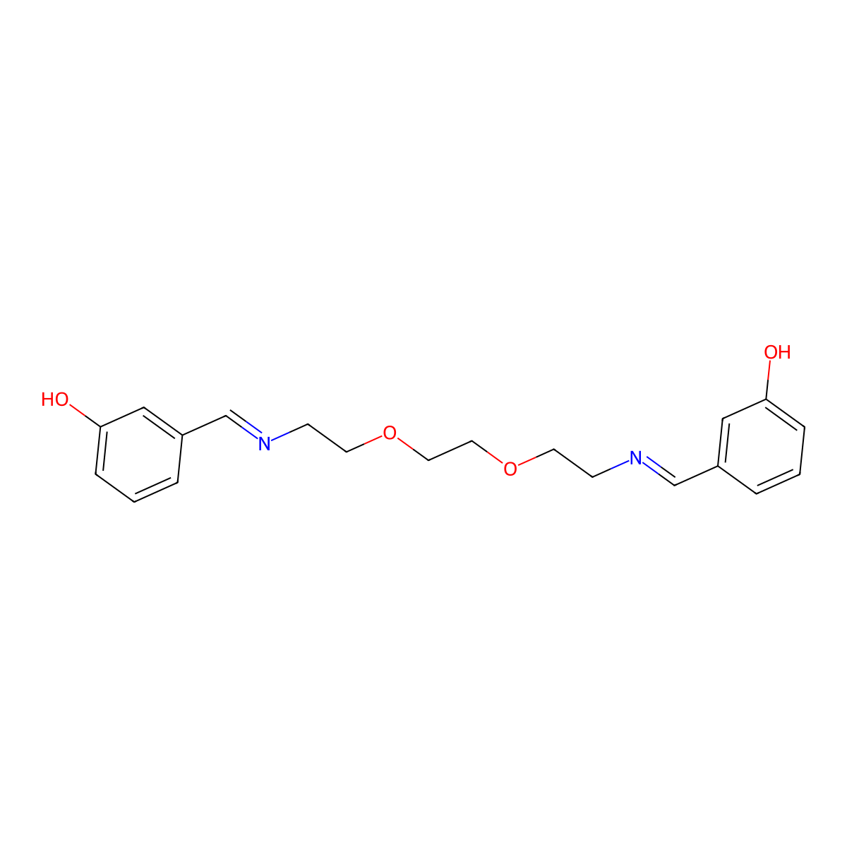 3-[2-[2-[2-[(3-Hydroxyphenyl)methylideneamino]ethoxy]ethoxy]ethyliminomethyl]phenol molecular structure, CAS 1321739-82-5