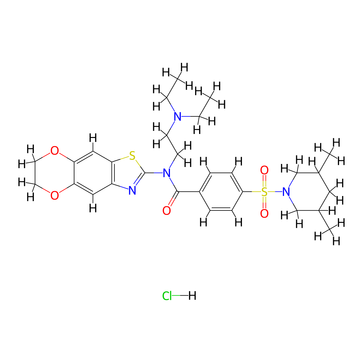 N-[2-(diethylamino)ethyl]-4-[(3,5-dimethylpiperidin-1-yl)sulfonyl]-N-{10,13-dioxa-4-thia-6-azatricyclo[7.4.0.0^{3,7}]trideca-1,3(7),5,8-tetraen-5-yl}benzamide hydrochloride molecular structure, CAS 1321740-87-7