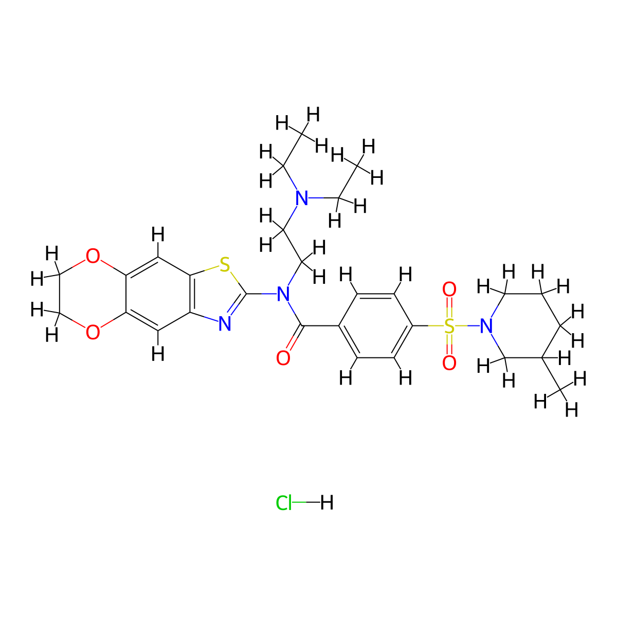 N-[2-(diethylamino)ethyl]-N-{10,13-dioxa-4-thia-6-azatricyclo[7.4.0.0^{3,7}]trideca-1,3(7),5,8-tetraen-5-yl}-4-[(3-methylpiperidin-1-yl)sulfonyl]benzamide hydrochloride molecular structure, CAS 1321743-49-0