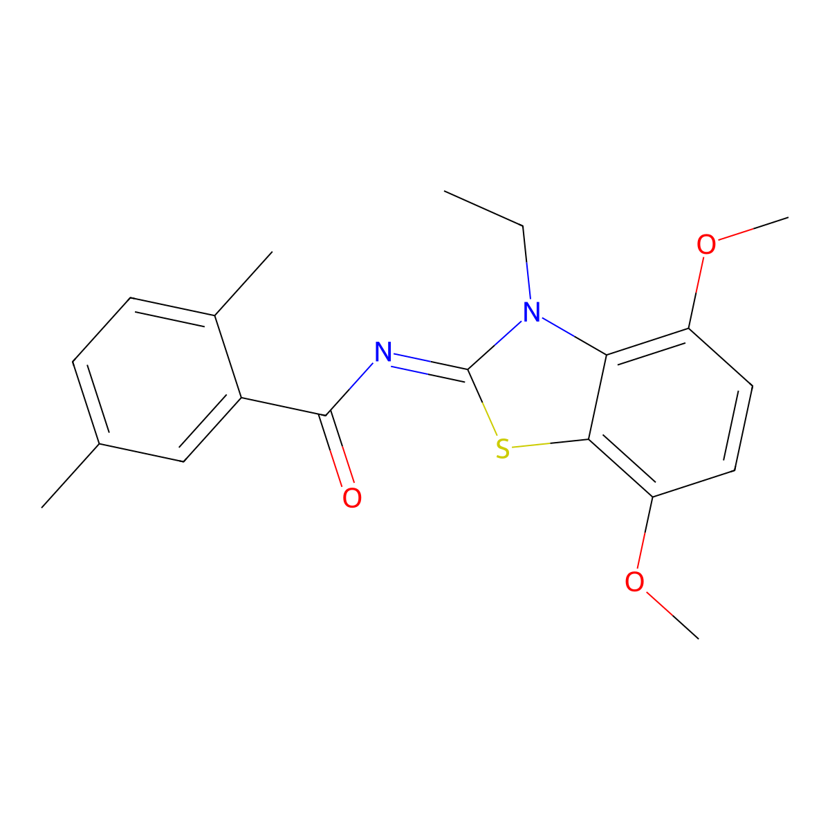 N-(3-ethyl-4,7-dimethoxy-1,3-benzothiazol-2-ylidene)-2,5-dimethylbenzamide molecular structure, CAS 1321755-95-6