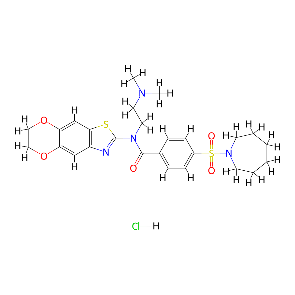 4-(azepane-1-sulfonyl)-N-[2-(dimethylamino)ethyl]-N-{10,13-dioxa-4-thia-6-azatricyclo[7.4.0.0^{3,7}]trideca-1,3(7),5,8-tetraen-5-yl}benzamide hydrochloride molecular structure, CAS 1321764-74-2