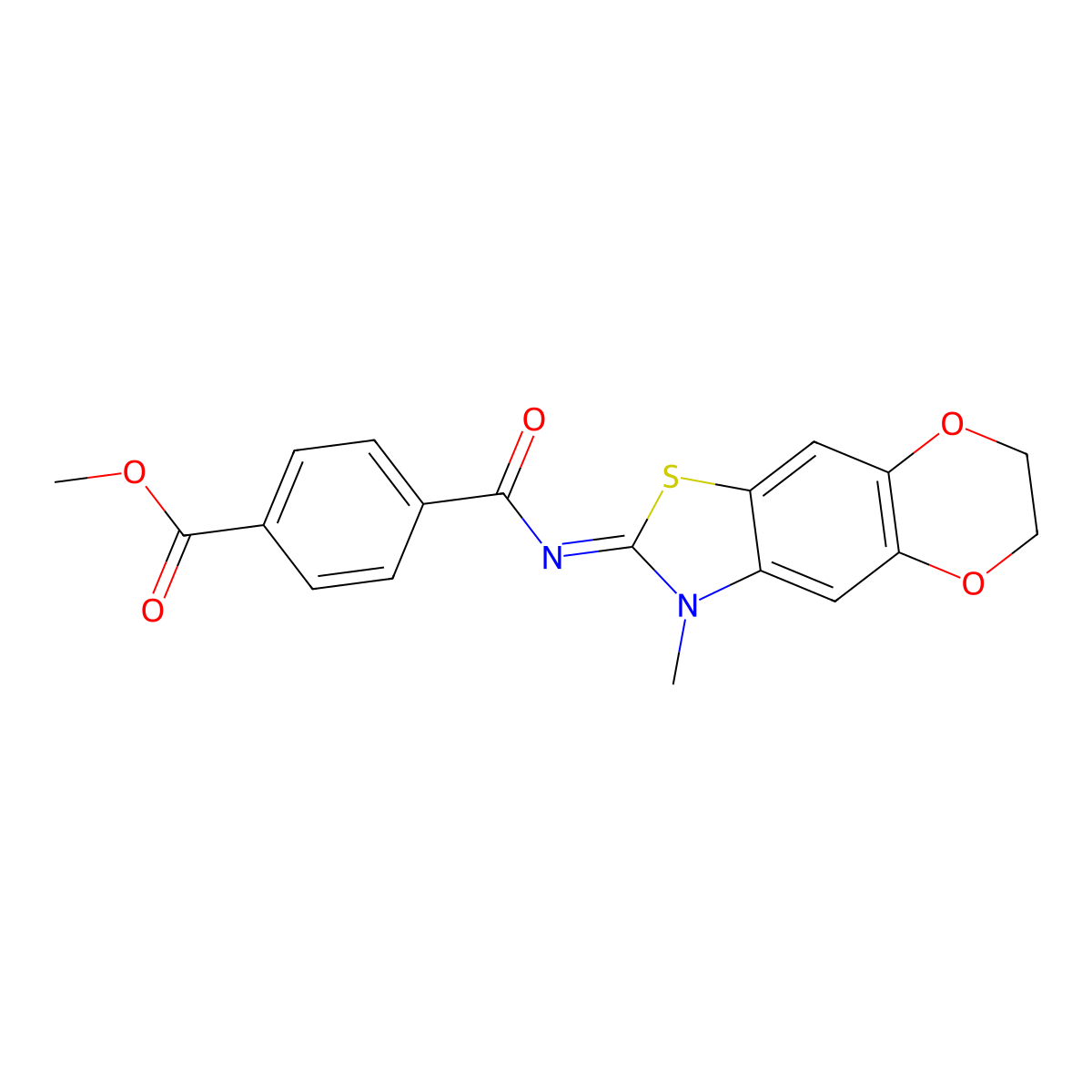 Methyl 4-[(3-methyl-6,7-dihydro-[1,4]dioxino[2,3-f][1,3]benzothiazol-2-ylidene)carbamoyl]benzoate molecular structure, CAS 1321766-31-7