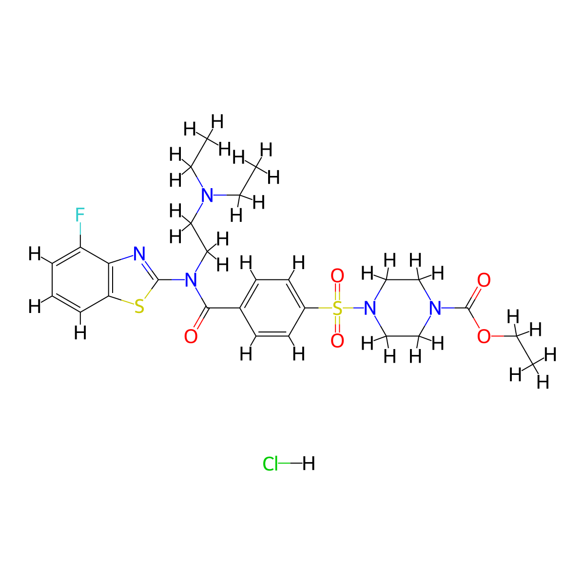 Ethyl 4-((4-((2-(diethylamino)ethyl)(4-fluorobenzo[d]thiazol-2-yl)carbamoyl)phenyl)sulfonyl)piperazine-1-carboxylate hydrochloride molecular structure, CAS 1321768-36-8