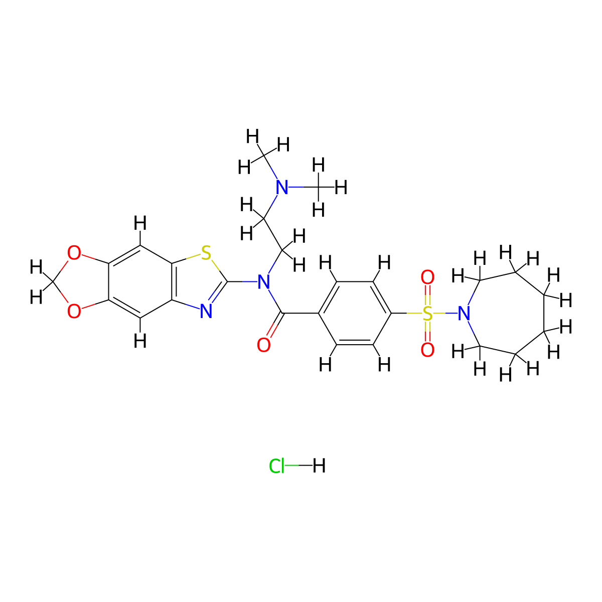 4-(azepane-1-sulfonyl)-N-[2-(dimethylamino)ethyl]-N-{4,6-dioxa-10-thia-12-azatricyclo[7.3.0.0^{3,7}]dodeca-1(9),2,7,11-tetraen-11-yl}benzamide hydrochloride molecular structure, CAS 1321768-77-7