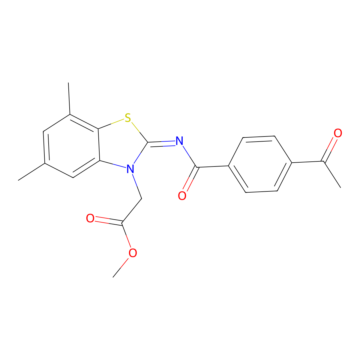 Methyl 2-[2-(4-acetylbenzoyl)imino-5,7-dimethyl-1,3-benzothiazol-3-yl]acetate molecular structure, CAS 1321774-89-3