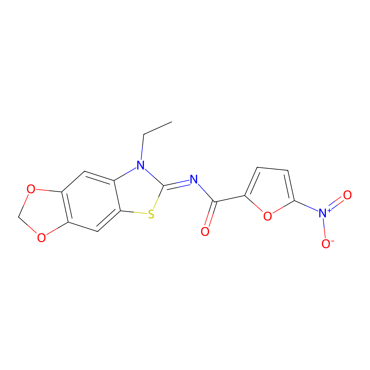 N-(7-ethyl-[1,3]dioxolo[4,5-f][1,3]benzothiazol-6-ylidene)-5-nitrofuran-2-carboxamide molecular structure, CAS 1321775-67-0