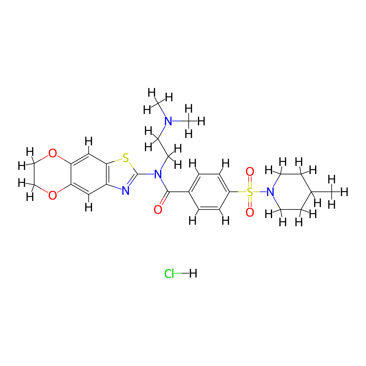 N-[2-(dimethylamino)ethyl]-N-{10,13-dioxa-4-thia-6-azatricyclo[7.4.0.0^{3,7}]trideca-1,3(7),5,8-tetraen-5-yl}-4-[(4-methylpiperidin-1-yl)sulfonyl]benzamide hydrochloride molecular structure, CAS 1321779-11-6