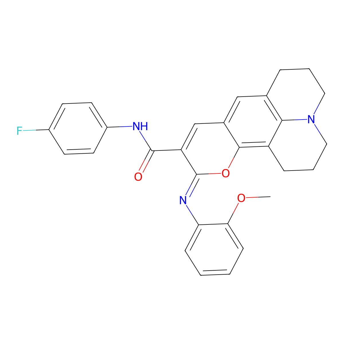 (4Z)-N-(4-fluorophenyl)-4-[(2-methoxyphenyl)imino]-3-oxa-13-azatetracyclo[7.7.1.0^{2,7}.0^{13,17}]heptadeca-1,5,7,9(17)-tetraene-5-carboxamide molecular structure, CAS 1321779-80-9