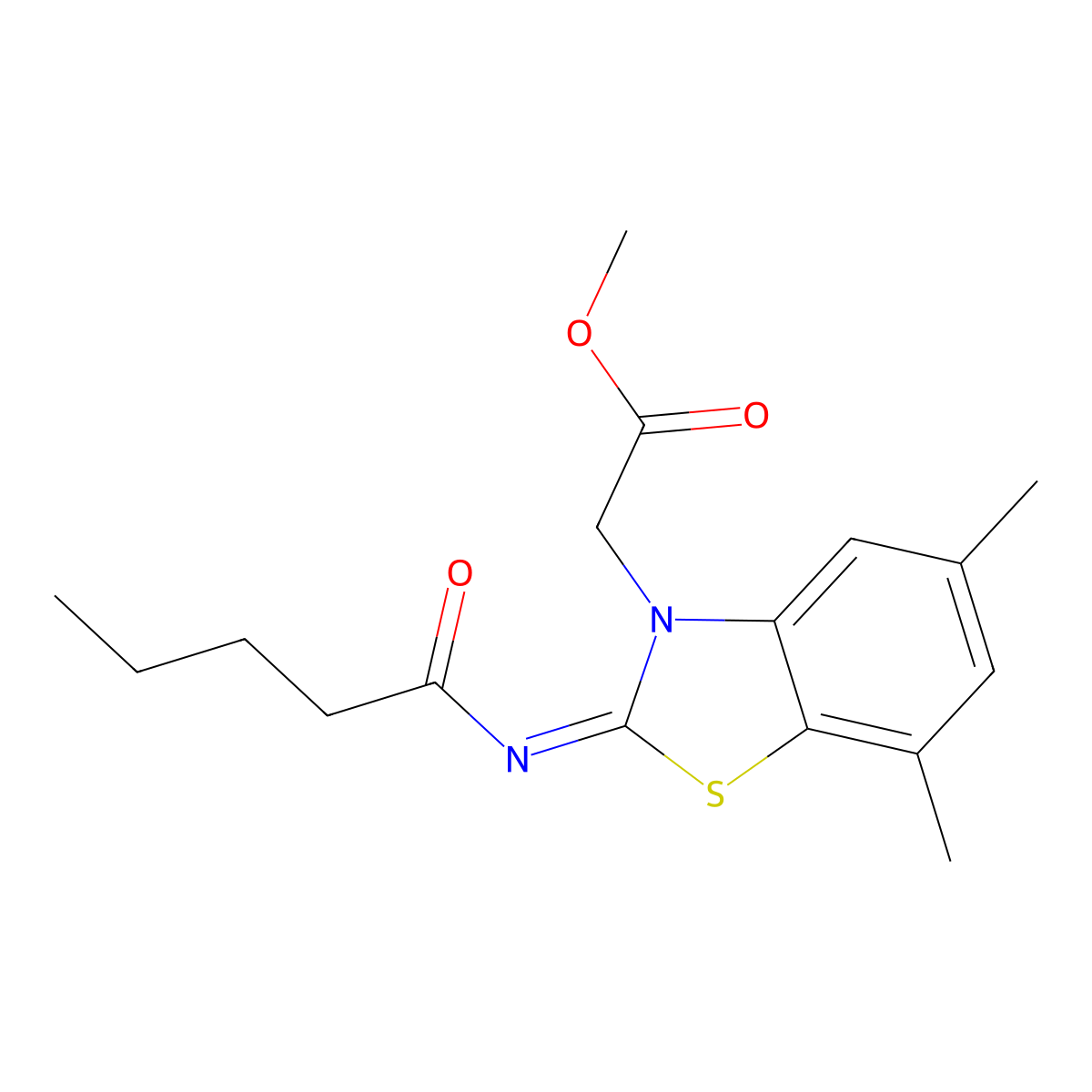 Methyl 2-(5,7-dimethyl-2-pentanoylimino-1,3-benzothiazol-3-yl)acetate molecular structure, CAS 1321787-93-2