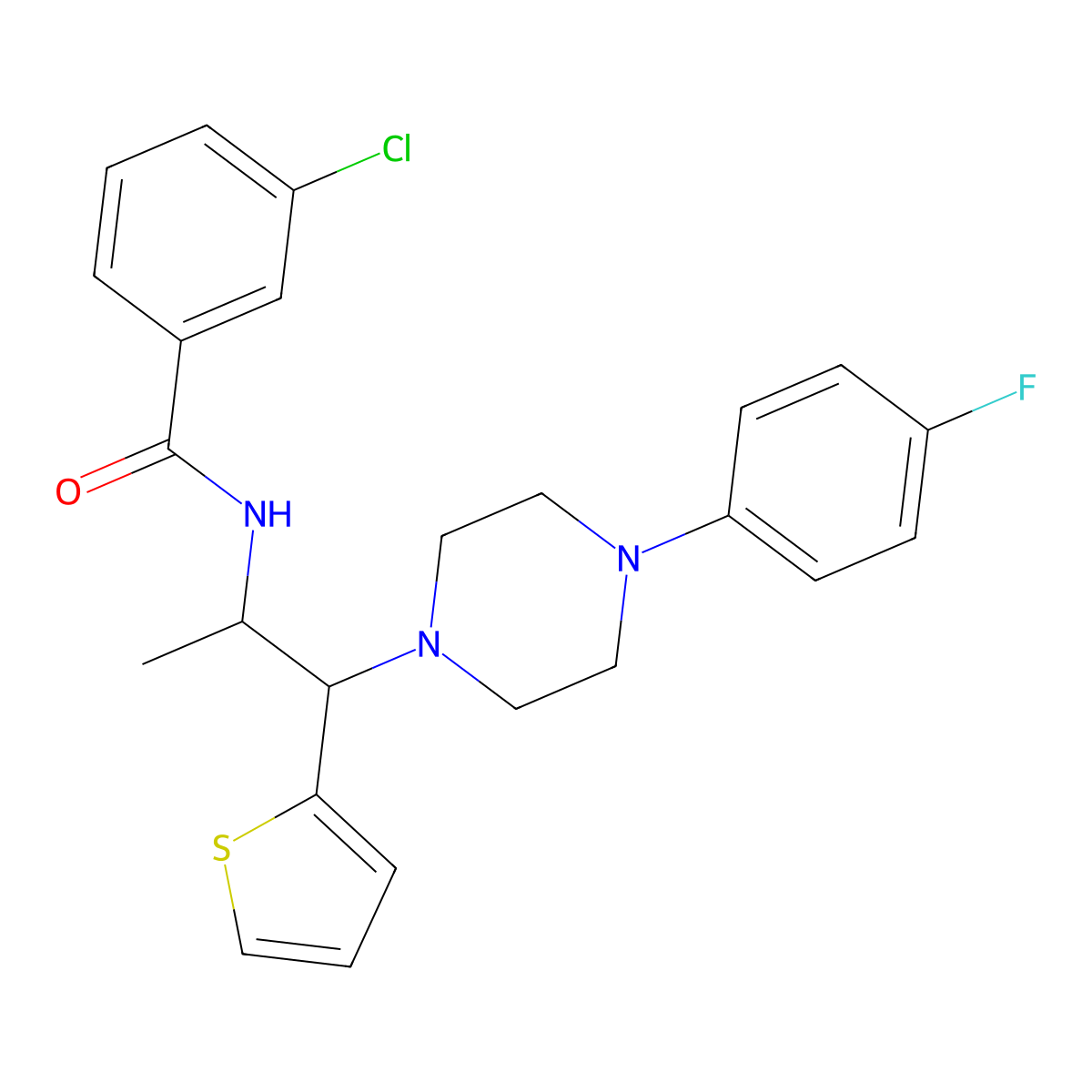 3-chloro-N-{1-[4-(4-fluorophenyl)piperazin-1-yl]-1-(thiophen-2-yl)propan-2-yl}benzamide molecular structure, CAS 1321788-63-9