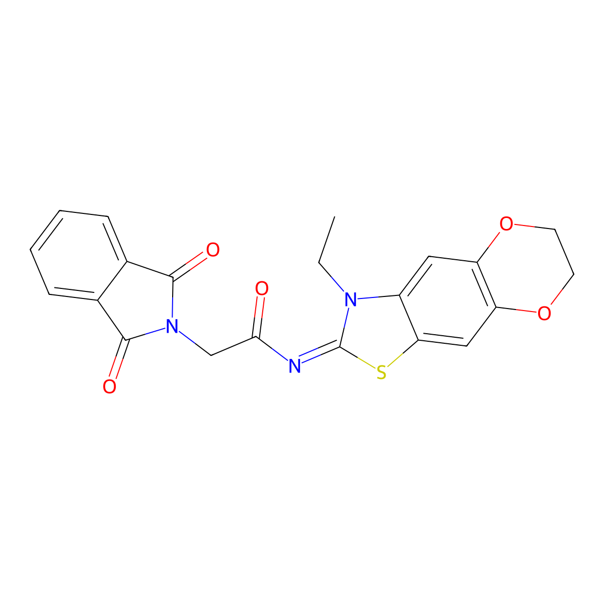 (E)-2-(1,3-dioxoisoindolin-2-yl)-N-(3-ethyl-6,7-dihydro-[1,4]dioxino[2',3':4,5]benzo[1,2-d]thiazol-2(3H)-ylidene)acetamide molecular structure, CAS 1321788-75-3