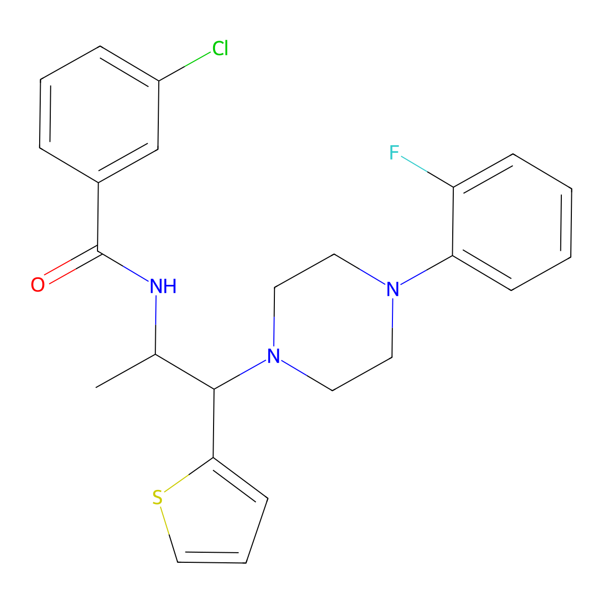 3-chloro-N-{1-[4-(2-fluorophenyl)piperazin-1-yl]-1-(thiophen-2-yl)propan-2-yl}benzamide molecular structure, CAS 1321789-37-0