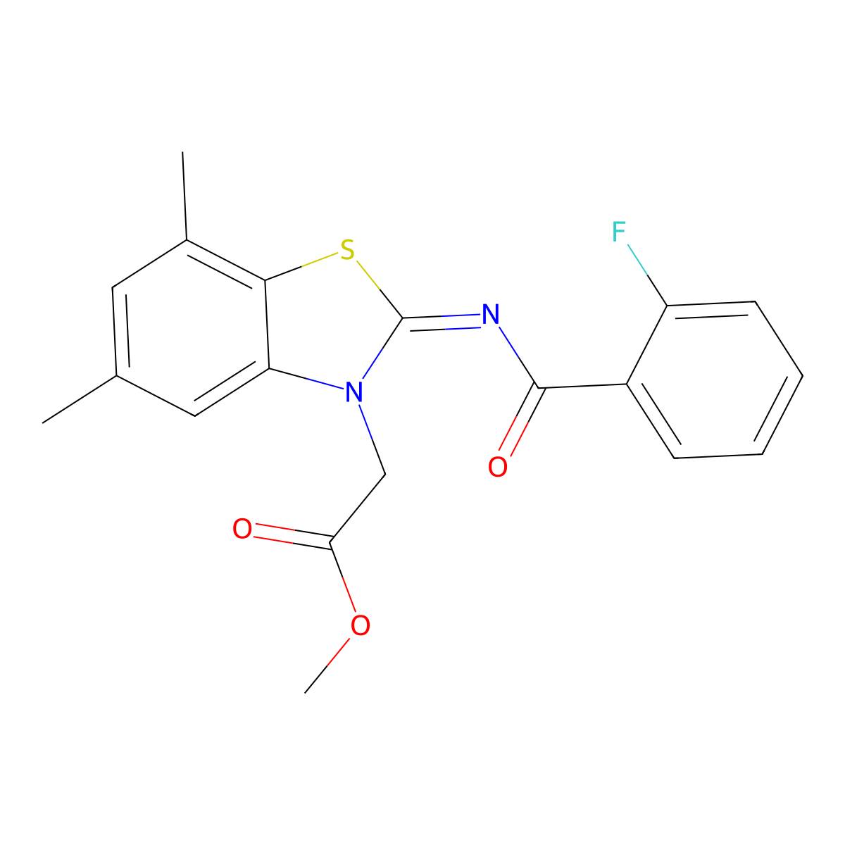 Methyl 2-[2-(2-fluorobenzoyl)imino-5,7-dimethyl-1,3-benzothiazol-3-yl]acetate molecular structure, CAS 1321790-41-3