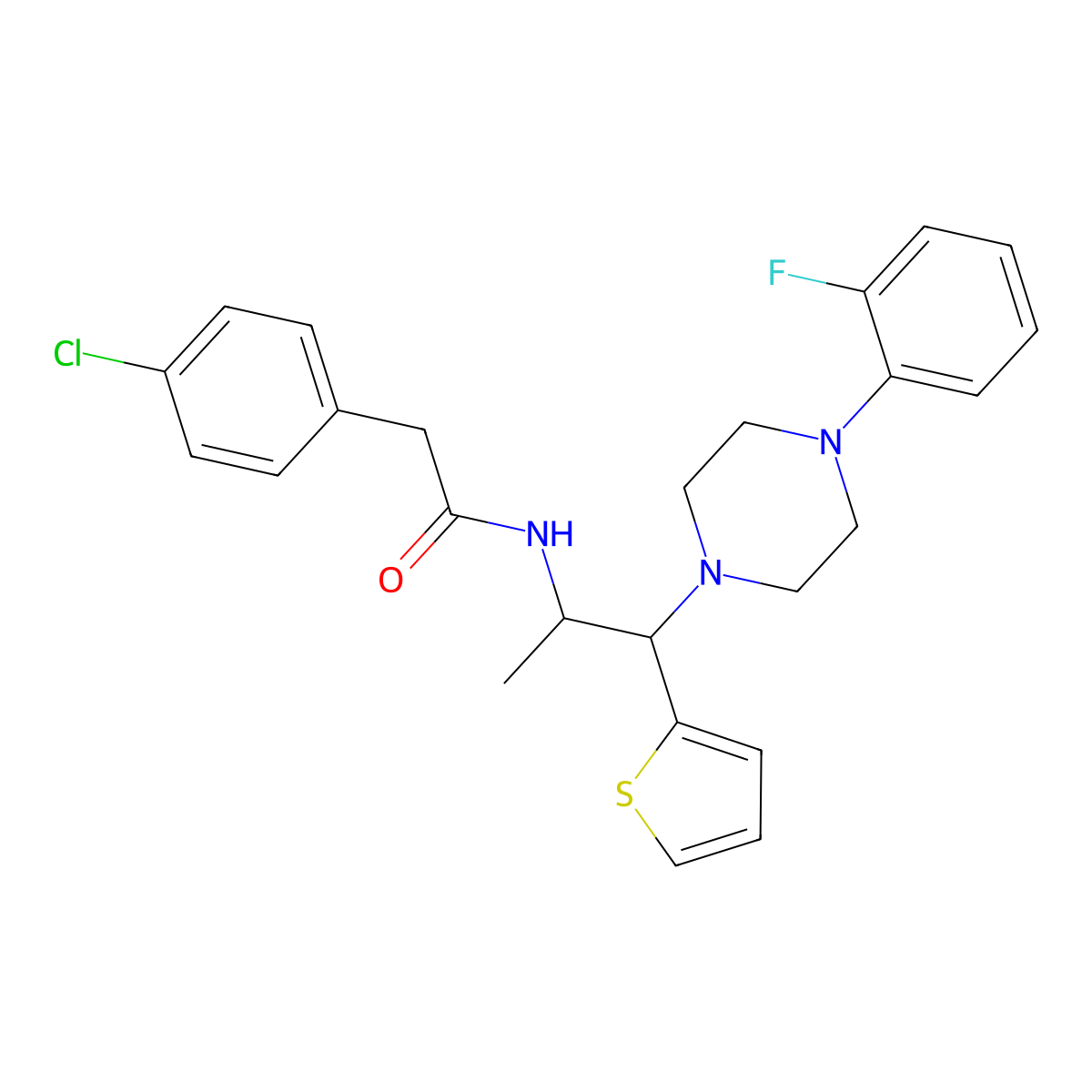 2-(4-chlorophenyl)-N-{1-[4-(2-fluorophenyl)piperazin-1-yl]-1-(thiophen-2-yl)propan-2-yl}acetamide molecular structure, CAS 1321791-54-1