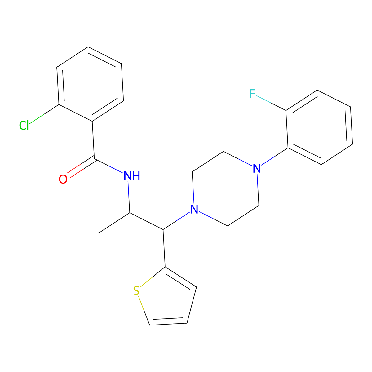 2-chloro-N-{1-[4-(2-fluorophenyl)piperazin-1-yl]-1-(thiophen-2-yl)propan-2-yl}benzamide molecular structure, CAS 1321794-02-8