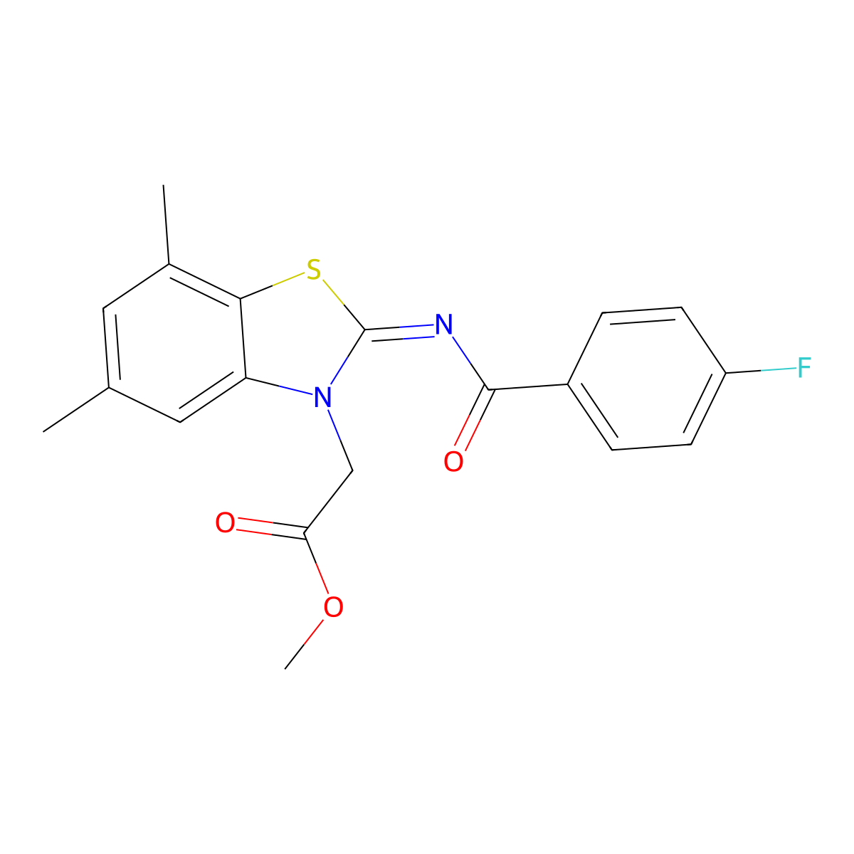 Methyl 2-[2-(4-fluorobenzoyl)imino-5,7-dimethyl-1,3-benzothiazol-3-yl]acetate molecular structure, CAS 1321794-63-1