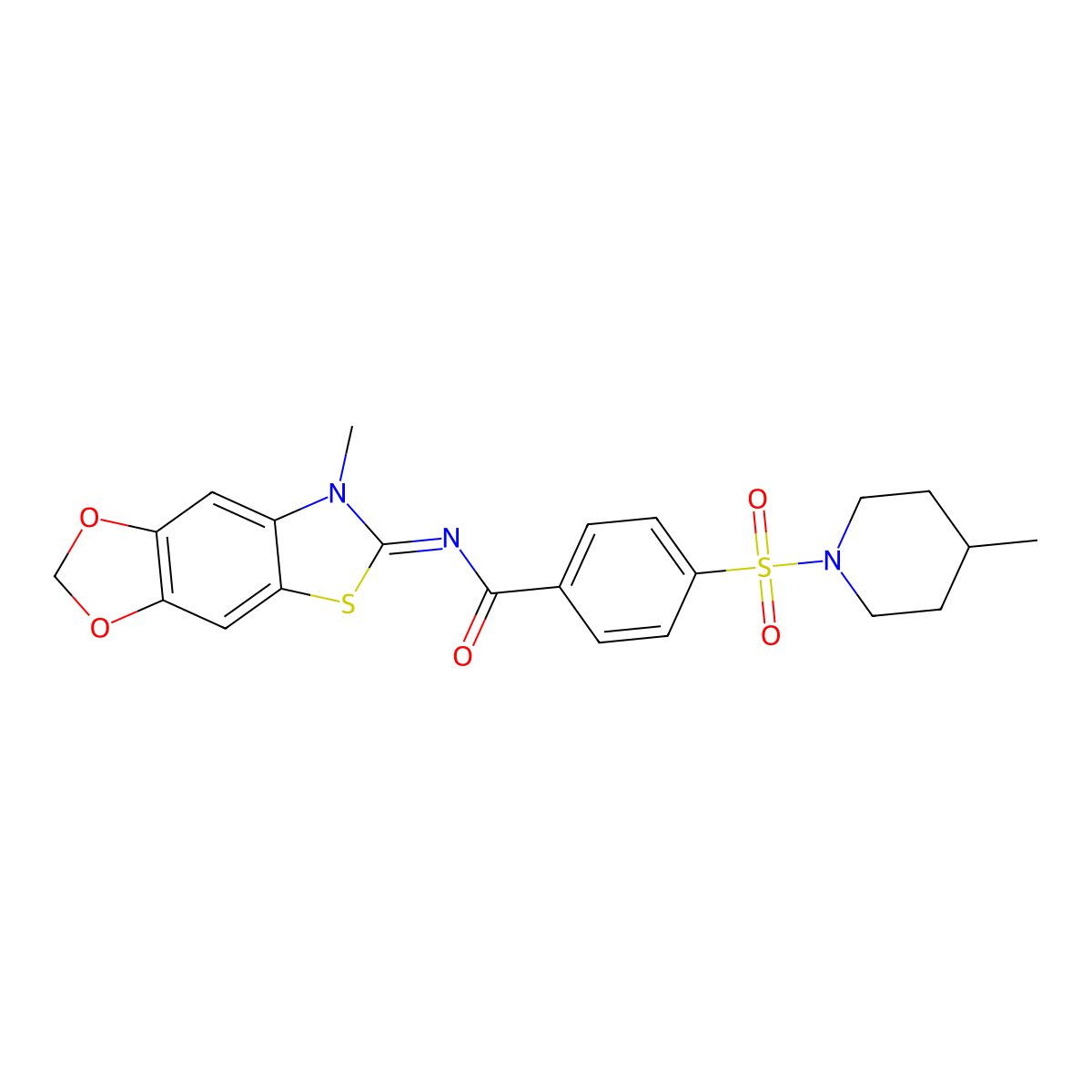 N-[(11E)-12-methyl-4,6-dioxa-10-thia-12-azatricyclo[7.3.0.0^{3,7}]dodeca-1(9),2,7-trien-11-ylidene]-4-[(4-methylpiperidin-1-yl)sulfonyl]benzamide molecular structure, CAS 1321795-53-2