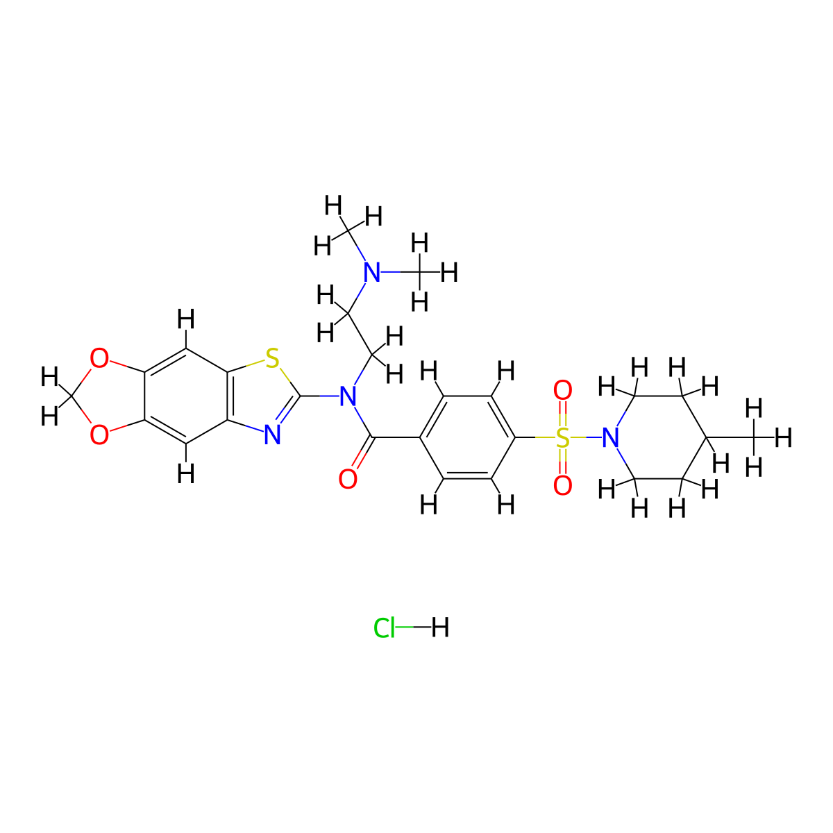 N-([1,3]dioxolo[4',5':4,5]benzo[1,2-d]thiazol-6-yl)-N-(2-(dimethylamino)ethyl)-4-((4-methylpiperidin-1-yl)sulfonyl)benzamide hydrochloride molecular structure, CAS 1321800-38-7