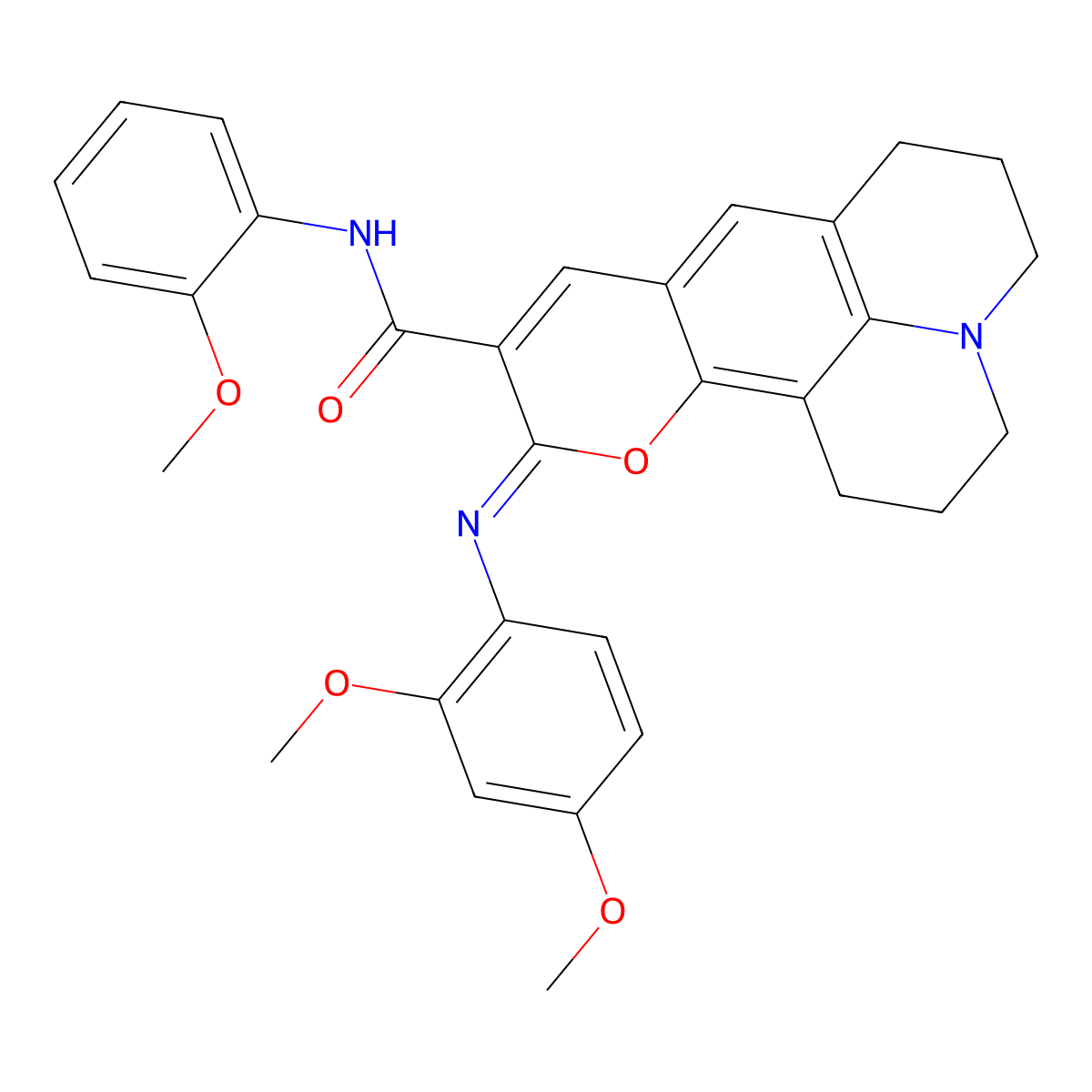 (11Z)-11-[(2,4-dimethoxyphenyl)imino]-N-(2-methoxyphenyl)-2,3,6,7-tetrahydro-1H,5H,11H-pyrano[2,3-f]pyrido[3,2,1-ij]quinoline-10-carboxamide molecular structure, CAS 1321802-23-6