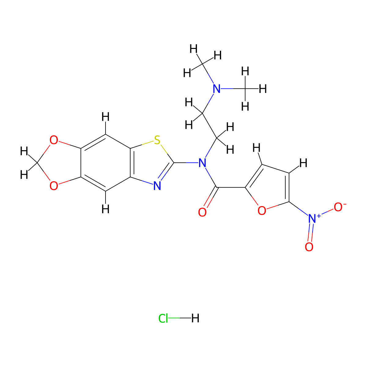 N-[2-(dimethylamino)ethyl]-N-{4,6-dioxa-10-thia-12-azatricyclo[7.3.0.0^{3,7}]dodeca-1(9),2,7,11-tetraen-11-yl}-5-nitrofuran-2-carboxamide hydrochloride molecular structure, CAS 1321810-74-5