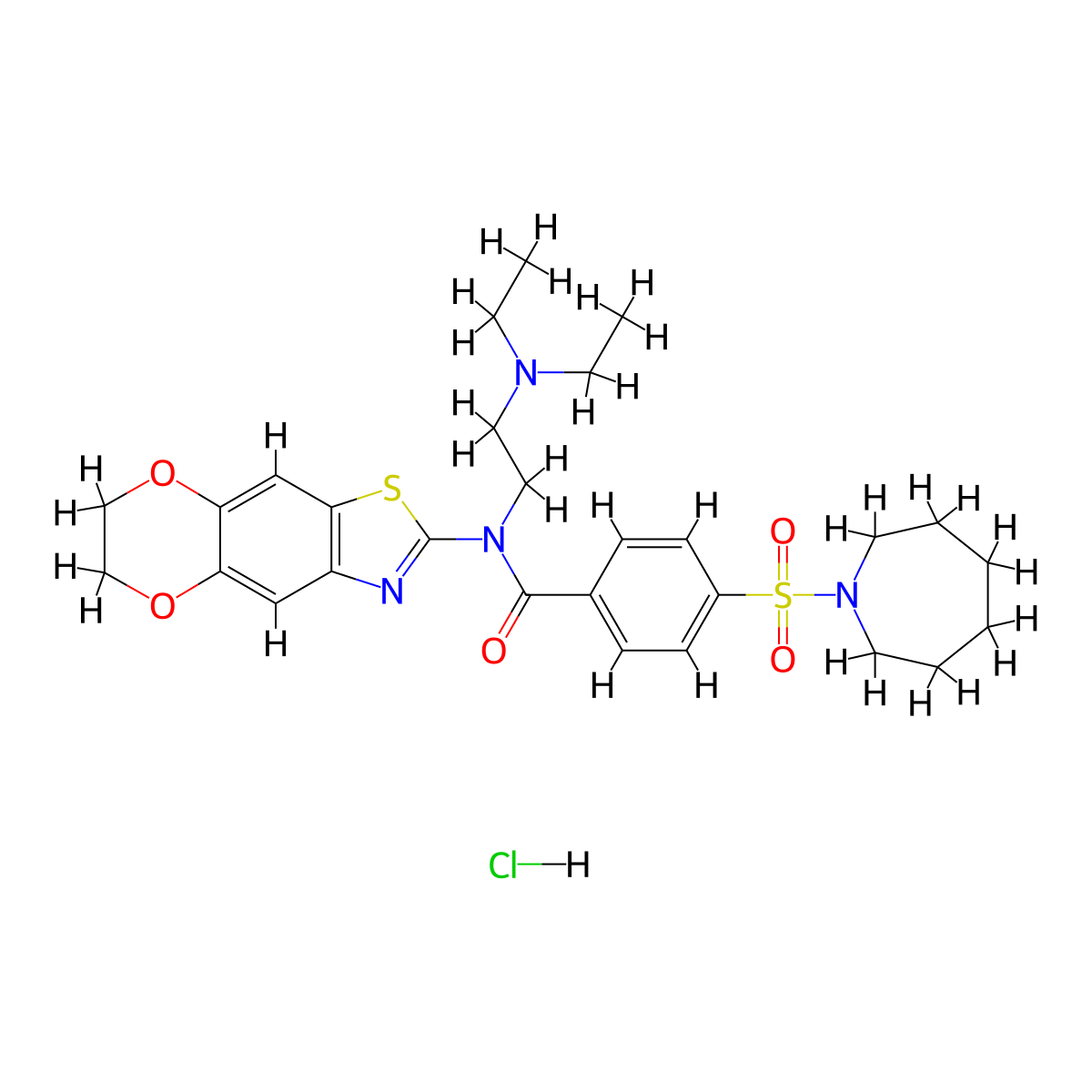 4-(azepane-1-sulfonyl)-N-[2-(diethylamino)ethyl]-N-{10,13-dioxa-4-thia-6-azatricyclo[7.4.0.0^{3,7}]trideca-1,3(7),5,8-tetraen-5-yl}benzamide hydrochloride molecular structure, CAS 1321811-13-5