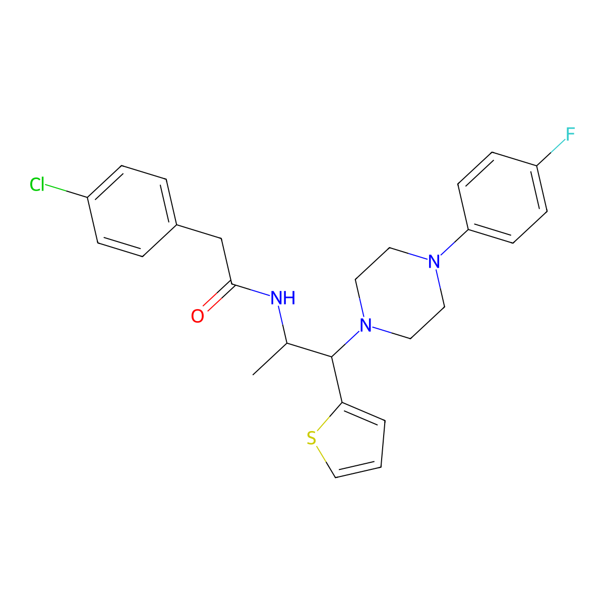 2-(4-chlorophenyl)-N-{1-[4-(4-fluorophenyl)piperazin-1-yl]-1-(thiophen-2-yl)propan-2-yl}acetamide molecular structure, CAS 1321815-18-2
