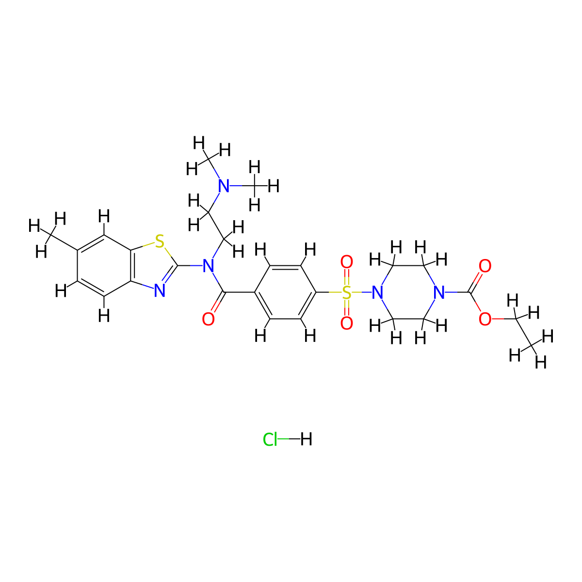 Ethyl 4-((4-((2-(dimethylamino)ethyl)(6-methylbenzo[d]thiazol-2-yl)carbamoyl)phenyl)sulfonyl)piperazine-1-carboxylate hydrochloride molecular structure, CAS 1321819-49-1