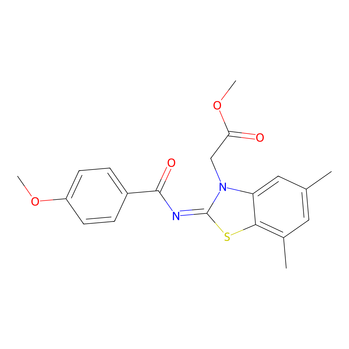Methyl 2-[2-(4-methoxybenzoyl)imino-5,7-dimethyl-1,3-benzothiazol-3-yl]acetate molecular structure, CAS 1321821-03-7