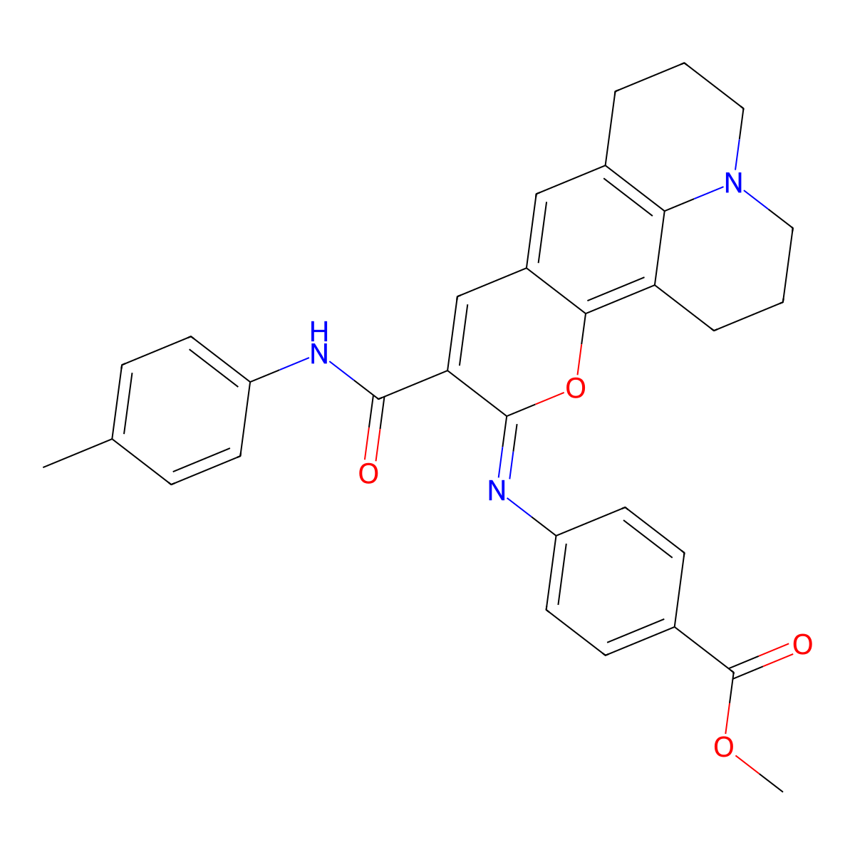 methyl 4-[((11Z)-10-{[(4-methylphenyl)amino]carbonyl}-2,3,6,7-tetrahydro-1H,5H,11H-pyrano[2,3-f]pyrido[3,2,1-ij]quinolin-11-ylidene)amino]benzoate molecular structure, CAS 1321823-33-9