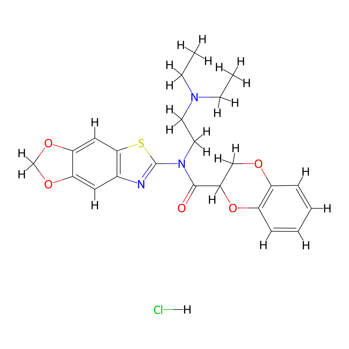 N-[2-(diethylamino)ethyl]-N-{4,6-dioxa-10-thia-12-azatricyclo[7.3.0.0^{3,7}]dodeca-1(9),2,7,11-tetraen-11-yl}-2,3-dihydro-1,4-benzodioxine-2-carboxamide hydrochloride molecular structure, CAS 1321828-24-3