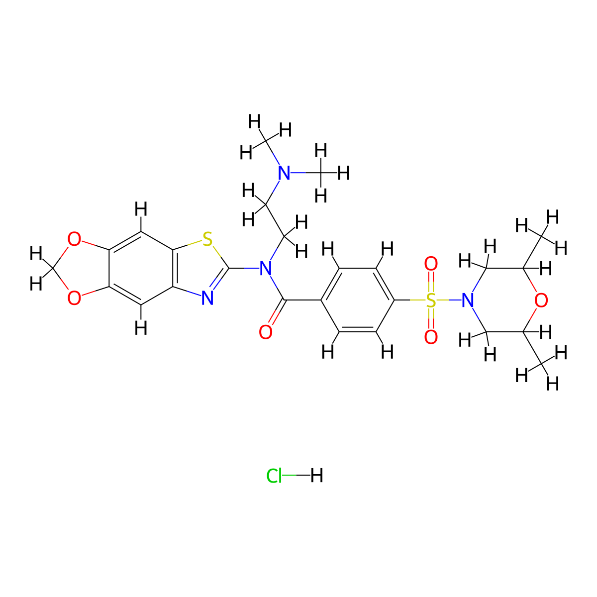 N-([1,3]dioxolo[4',5':4,5]benzo[1,2-d]thiazol-6-yl)-N-(2-(dimethylamino)ethyl)-4-((2,6-dimethylmorpholino)sulfonyl)benzamide hydrochloride molecular structure, CAS 1321828-73-2