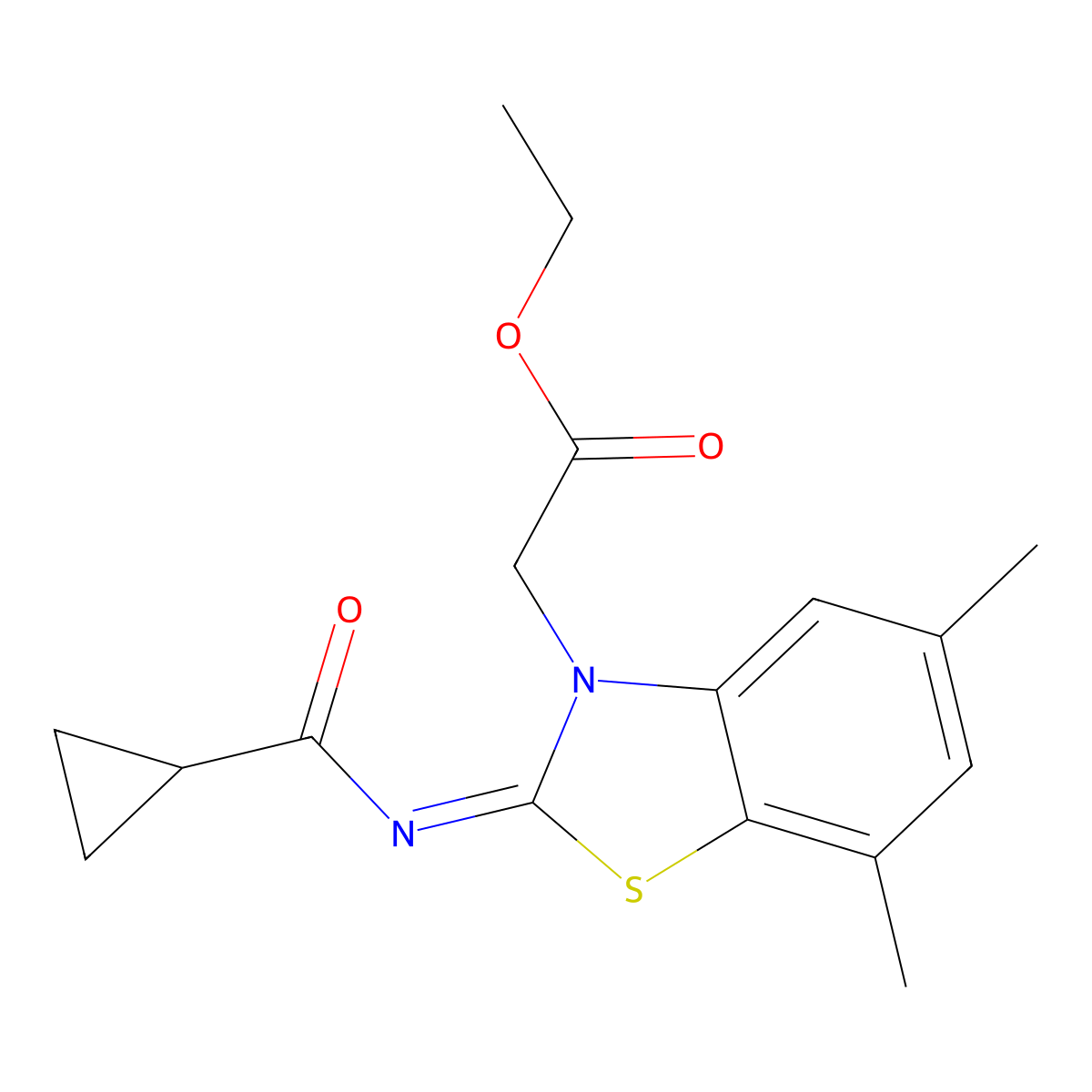 Ethyl 2-[2-(cyclopropanecarbonylimino)-5,7-dimethyl-1,3-benzothiazol-3-yl]acetate molecular structure, CAS 1321833-87-7