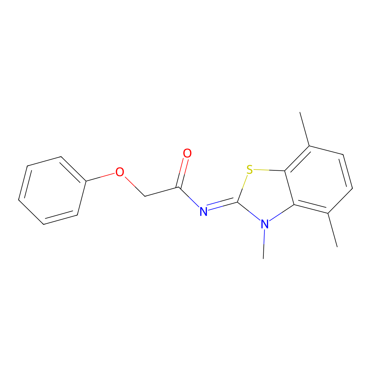 2-phenoxy-N-(3,4,7-trimethyl-1,3-benzothiazol-2-ylidene)acetamide molecular structure, CAS 1321835-35-1