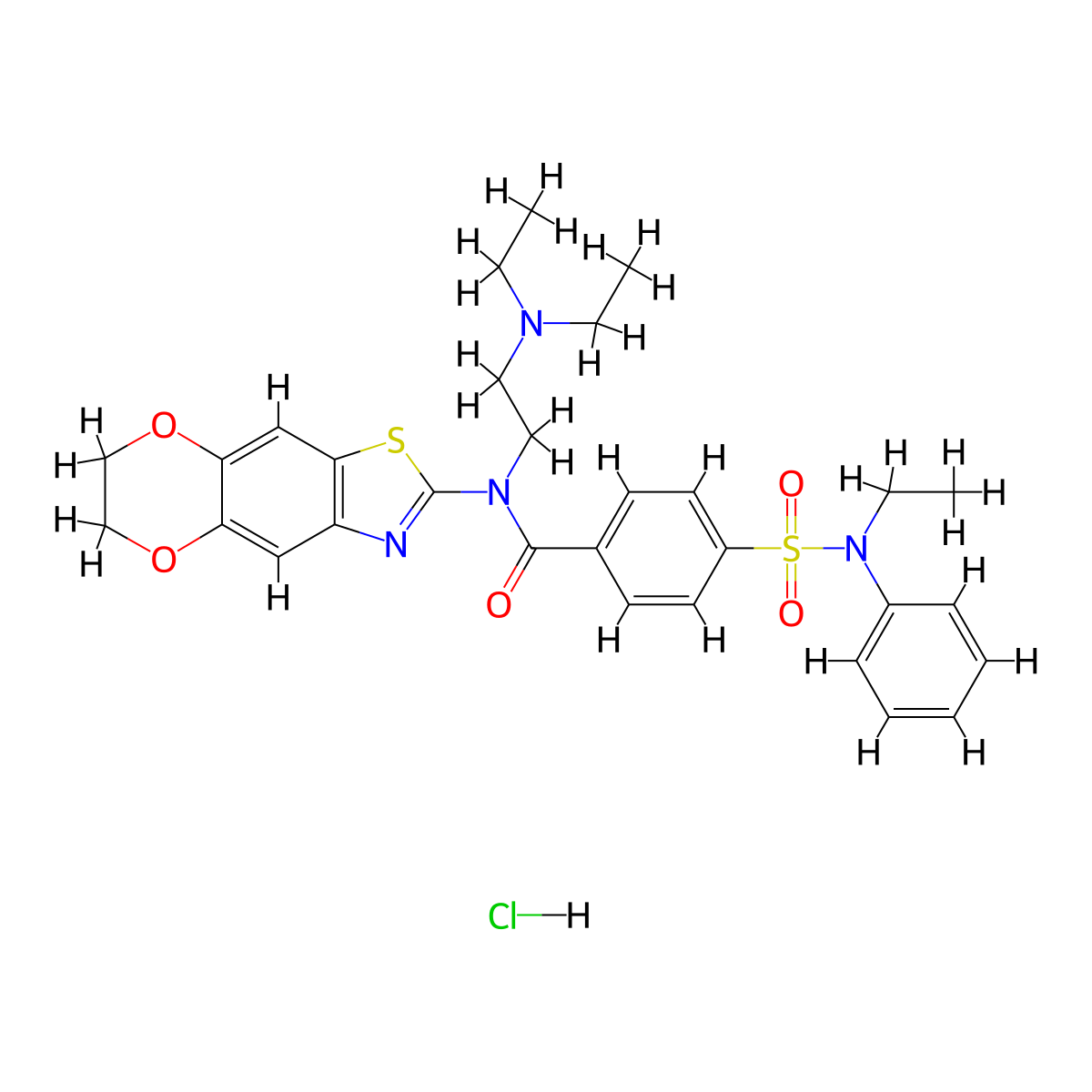 N-(2-(diethylamino)ethyl)-N-(6,7-dihydro-[1,4]dioxino[2',3':4,5]benzo[1,2-d]thiazol-2-yl)-4-(N-ethyl-N-phenylsulfamoyl)benzamide hydrochloride molecular structure, CAS 1321835-72-6