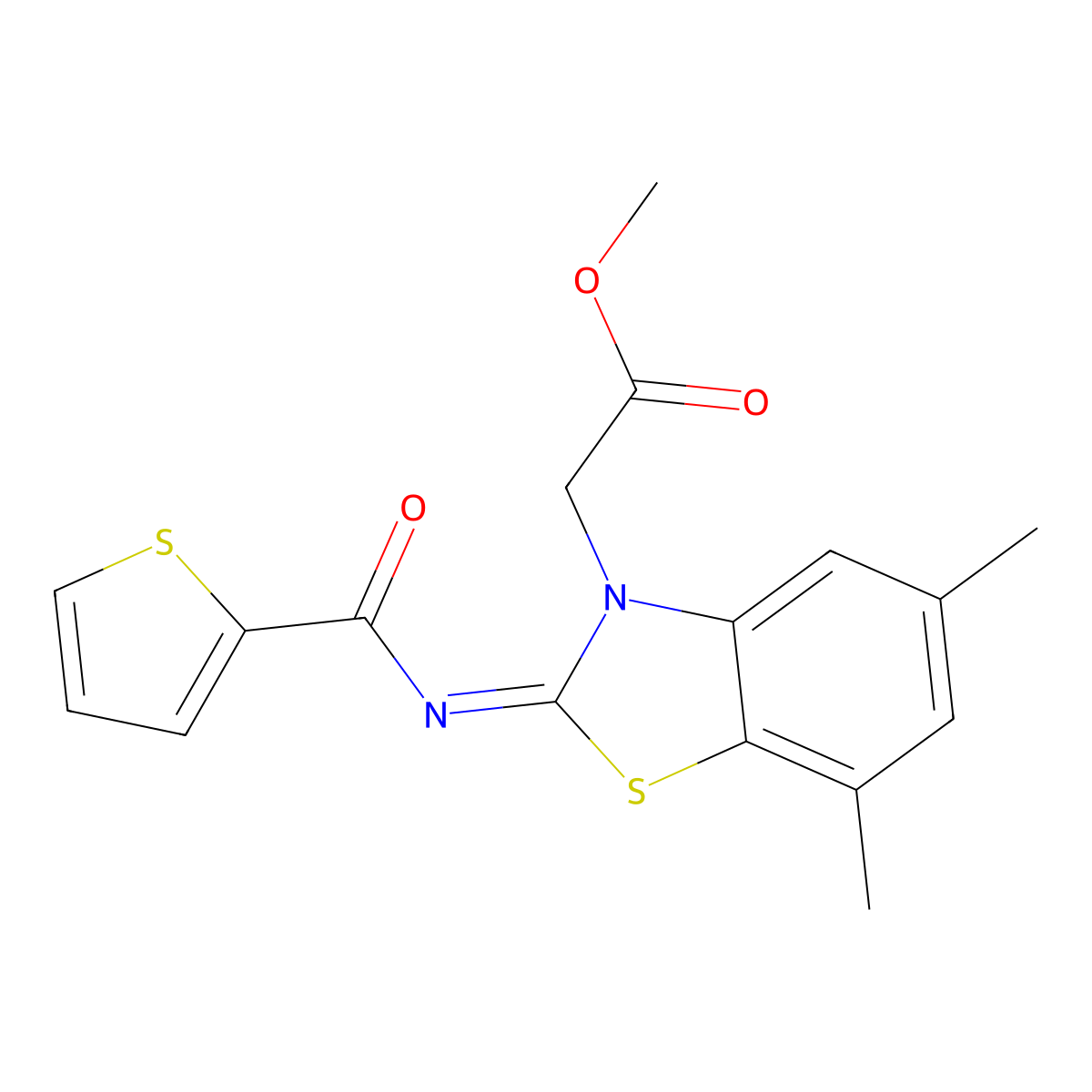 Methyl 2-[5,7-dimethyl-2-(thiophene-2-carbonylimino)-1,3-benzothiazol-3-yl]acetate molecular structure, CAS 1321836-15-0