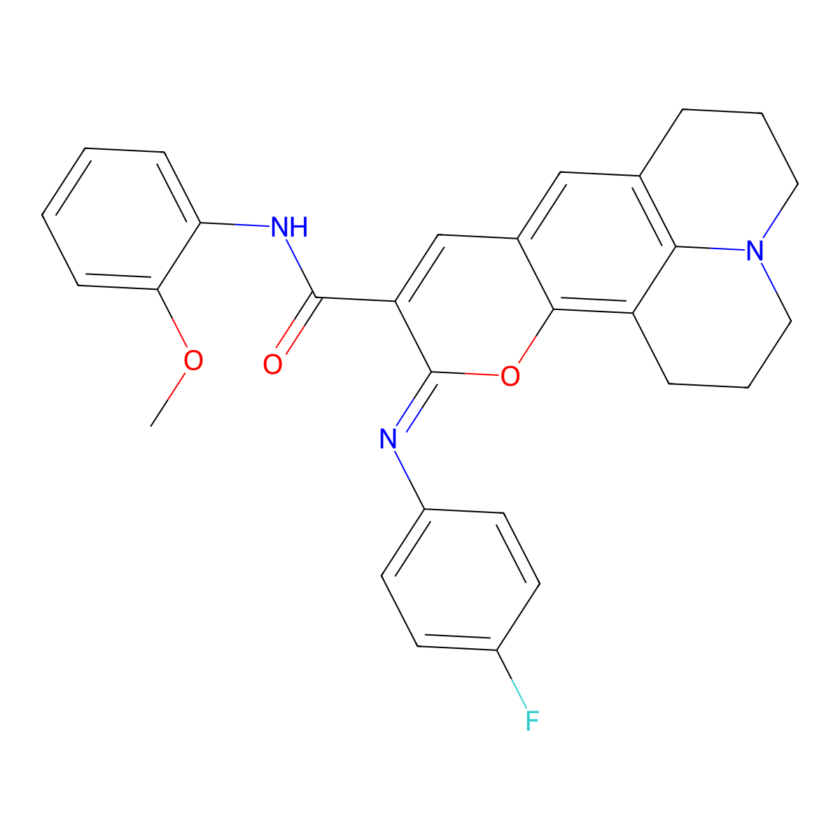 (11Z)-11-[(4-fluorophenyl)imino]-N-(2-methoxyphenyl)-2,3,6,7-tetrahydro-1H,5H,11H-pyrano[2,3-f]pyrido[3,2,1-ij]quinoline-10-carboxamide molecular structure, CAS 1321836-99-0