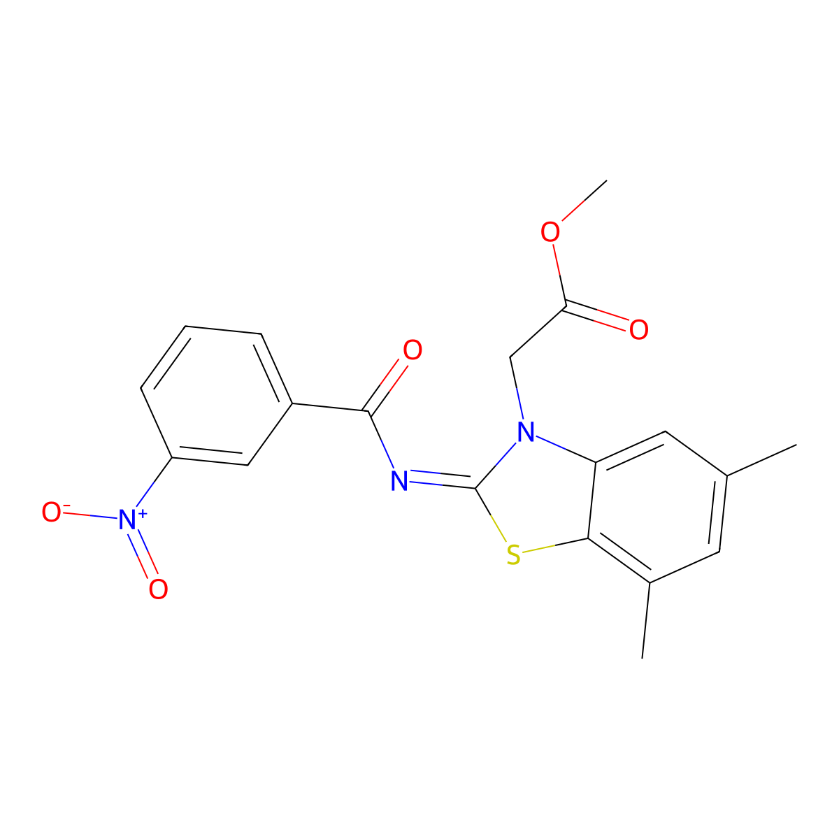 Methyl 2-[5,7-dimethyl-2-(3-nitrobenzoyl)imino-1,3-benzothiazol-3-yl]acetate molecular structure, CAS 1321839-83-1