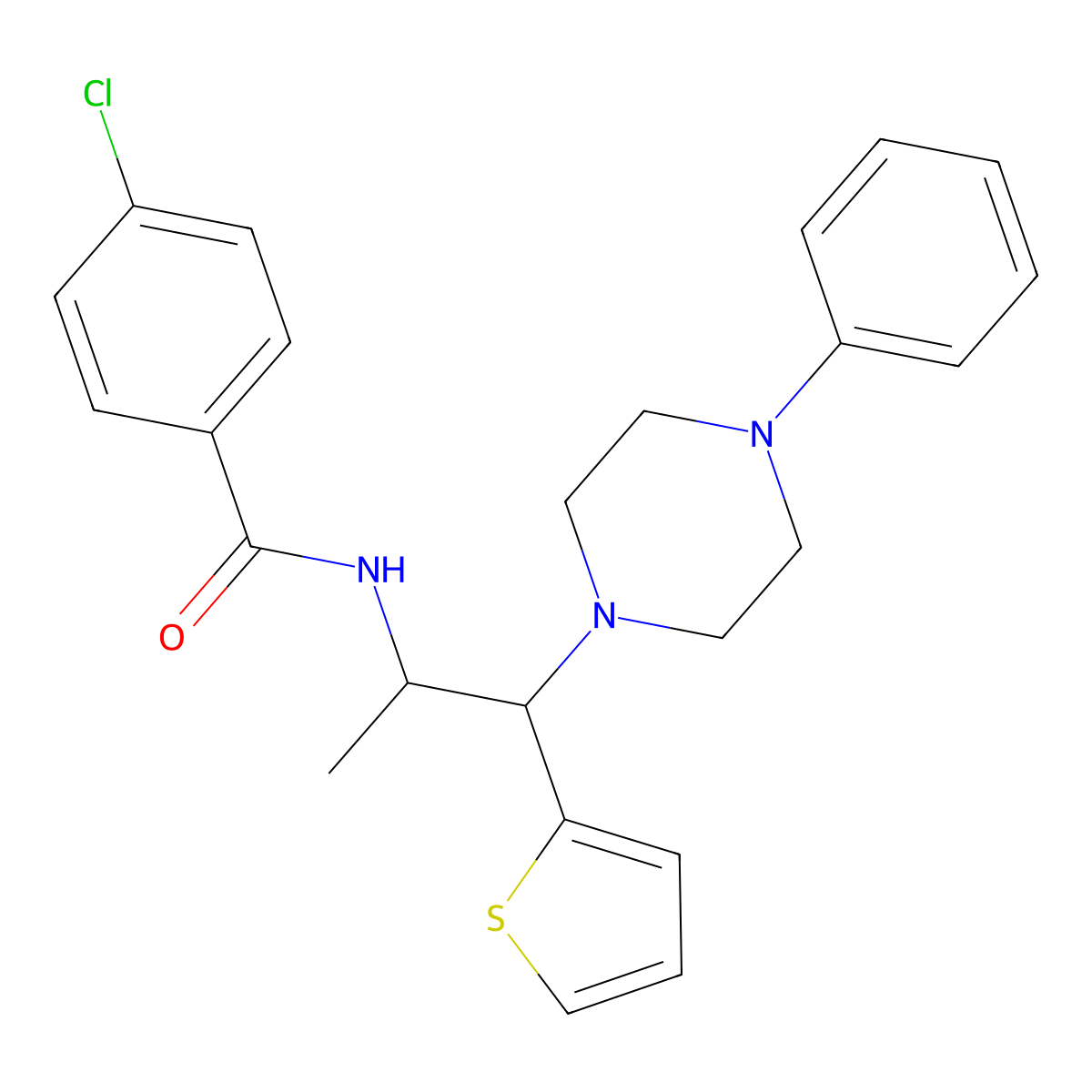 4-chloro-N-[1-(4-phenylpiperazin-1-yl)-1-(thiophen-2-yl)propan-2-yl]benzamide molecular structure, CAS 1321844-48-7