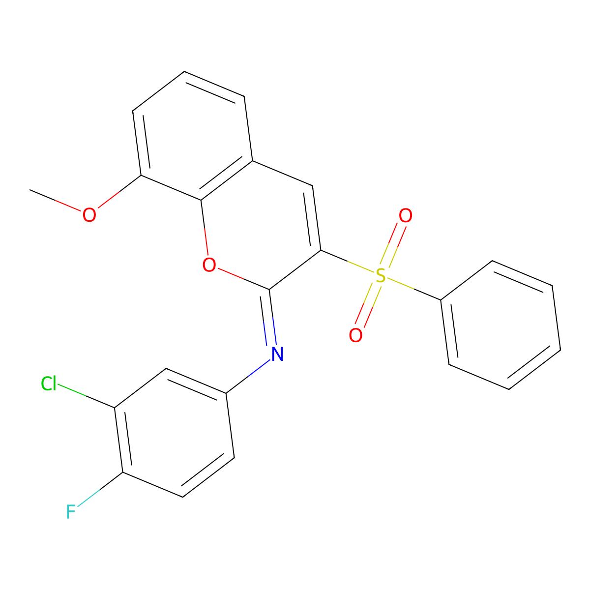 3-(benzenesulfonyl)-N-(3-chloro-4-fluorophenyl)-8-methoxychromen-2-imine molecular structure, CAS 1321844-98-7