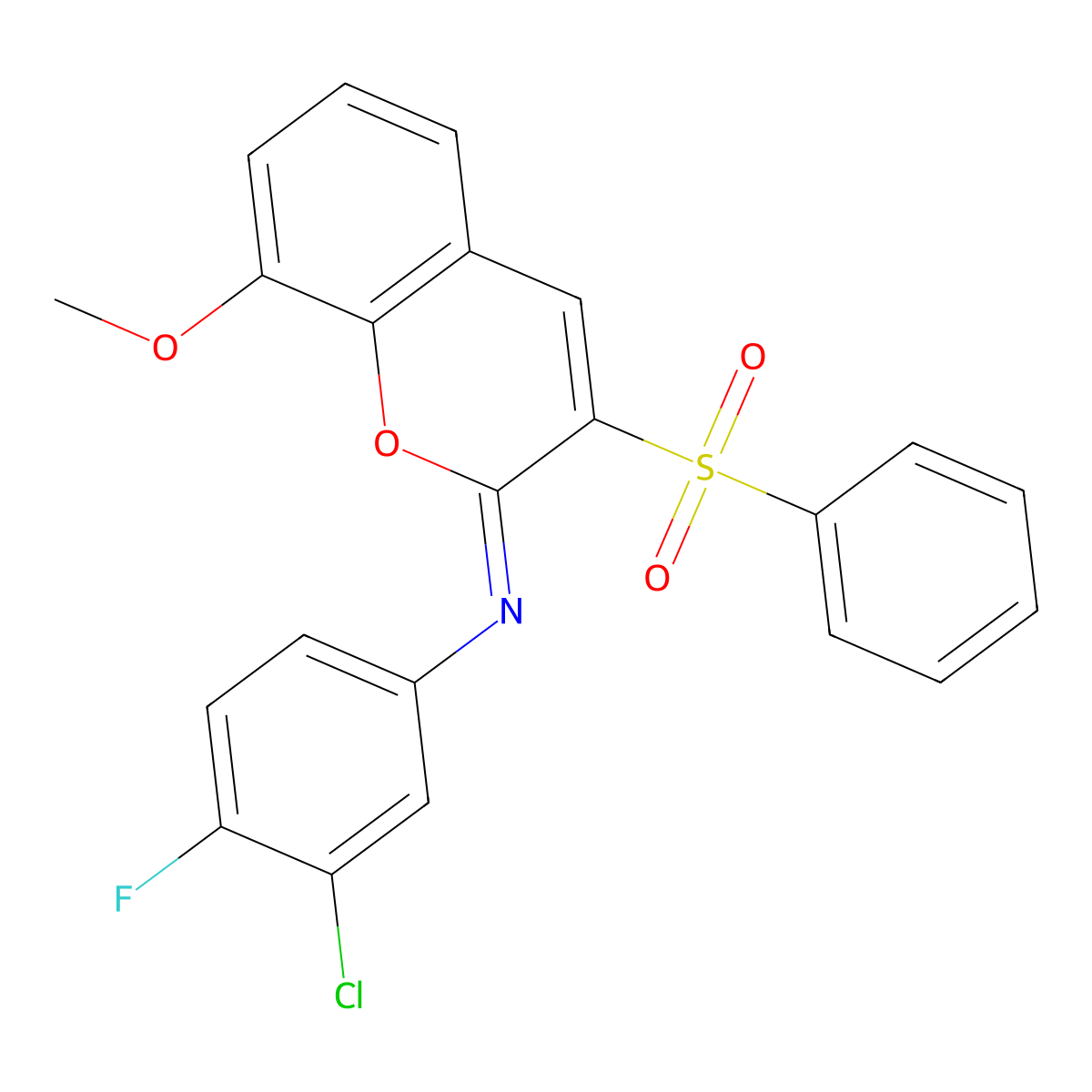 3-(benzenesulfonyl)-N-(3-chloro-4-fluorophenyl)-8-methoxychromen-2-imine molecular structure, CAS 1321844-98-7