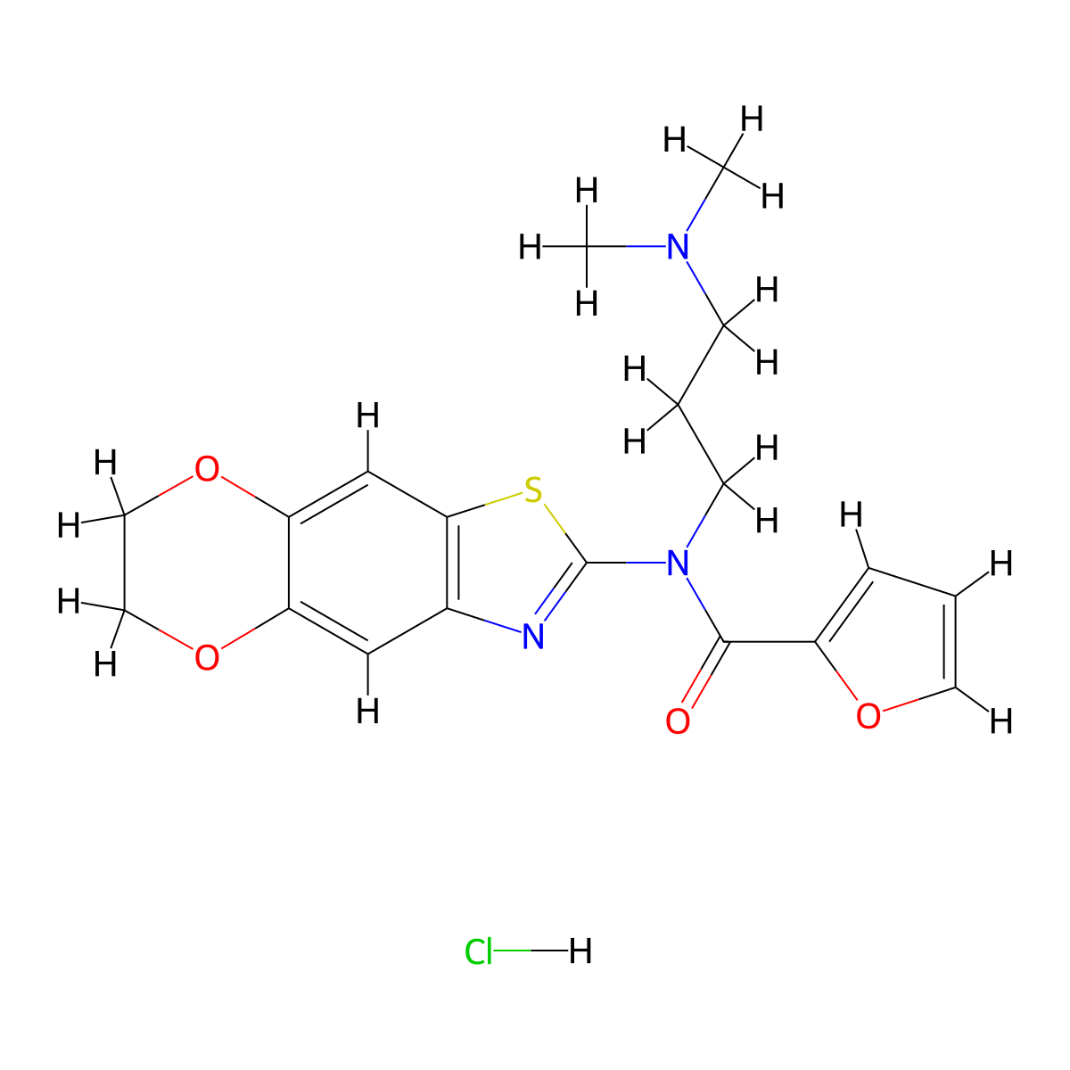 N-(6,7-dihydro-[1,4]dioxino[2',3':4,5]benzo[1,2-d]thiazol-2-yl)-N-(3-(dimethylamino)propyl)furan-2-carboxamide hydrochloride molecular structure, CAS 1321857-12-8