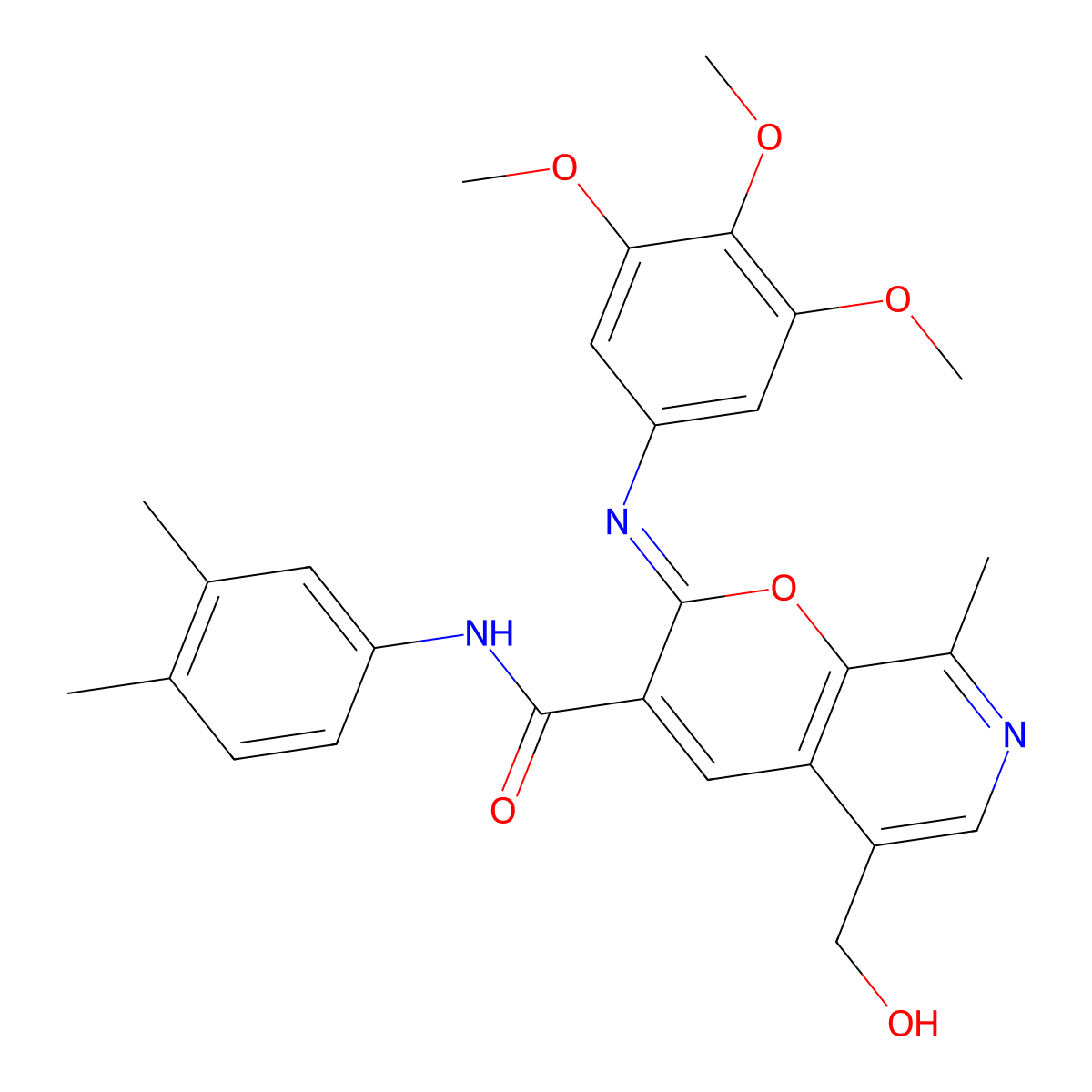 (2Z)-N-(3,4-dimethylphenyl)-5-(hydroxymethyl)-8-methyl-2-[(3,4,5-trimethoxyphenyl)imino]-2H-pyrano[2,3-c]pyridine-3-carboxamide molecular structure, CAS 1321858-98-3
