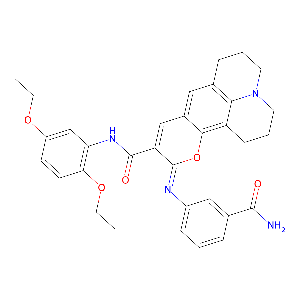 (4Z)-4-[(3-carbamoylphenyl)imino]-N-(2,5-diethoxyphenyl)-3-oxa-13-azatetracyclo[7.7.1.0^{2,7}.0^{13,17}]heptadeca-1,5,7,9(17)-tetraene-5-carboxamide molecular structure, CAS 1321860-91-6