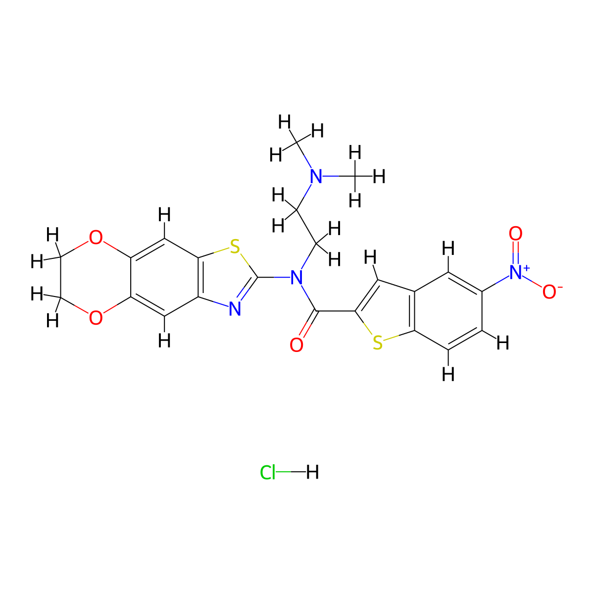 N-(6,7-dihydro-[1,4]dioxino[2',3':4,5]benzo[1,2-d]thiazol-2-yl)-N-(2-(dimethylamino)ethyl)-5-nitrobenzo[b]thiophene-2-carboxamide hydrochloride molecular structure, CAS 1321861-61-3