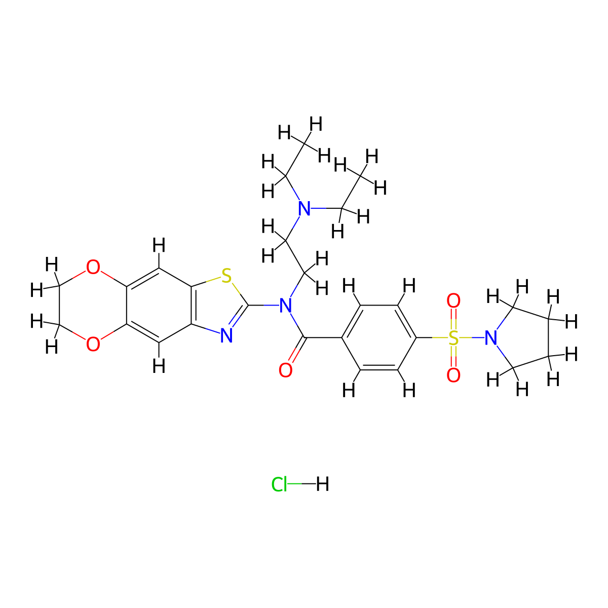 N-[2-(diethylamino)ethyl]-N-{10,13-dioxa-4-thia-6-azatricyclo[7.4.0.0^{3,7}]trideca-1,3(7),5,8-tetraen-5-yl}-4-(pyrrolidine-1-sulfonyl)benzamide hydrochloride molecular structure, CAS 1321864-85-0