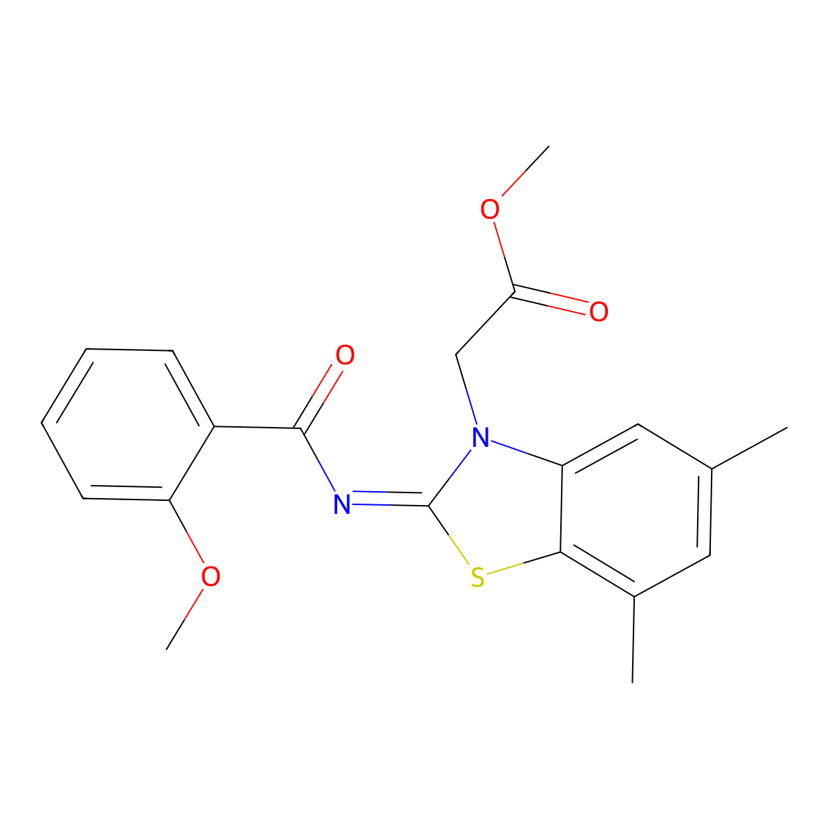 Methyl 2-[2-(2-methoxybenzoyl)imino-5,7-dimethyl-1,3-benzothiazol-3-yl]acetate molecular structure, CAS 1321875-11-9