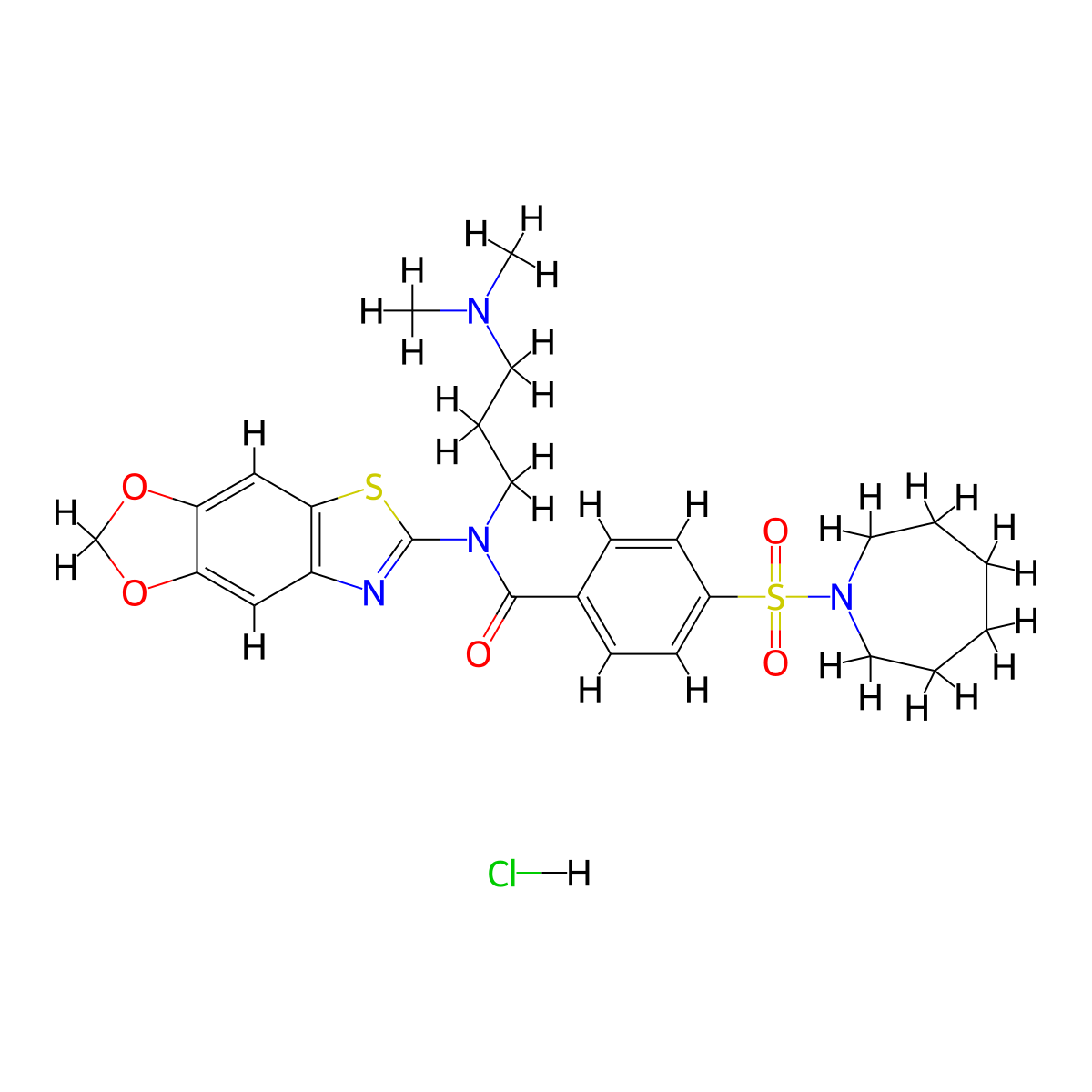 4-(azepane-1-sulfonyl)-N-[3-(dimethylamino)propyl]-N-{4,6-dioxa-10-thia-12-azatricyclo[7.3.0.0^{3,7}]dodeca-1(9),2,7,11-tetraen-11-yl}benzamide hydrochloride molecular structure, CAS 1321875-29-9